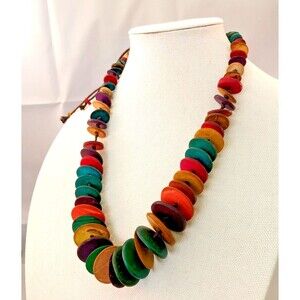 Ethnic Necklace Colorful Wood Disc Chunky Beaded 24 Inch Boho Costume Vintage